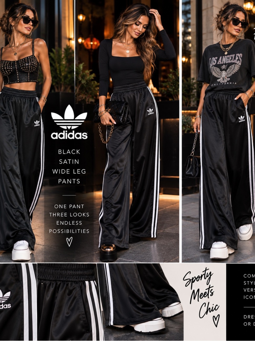 adidas Black Wide-Leg satin Track Pants with White Side Stripes